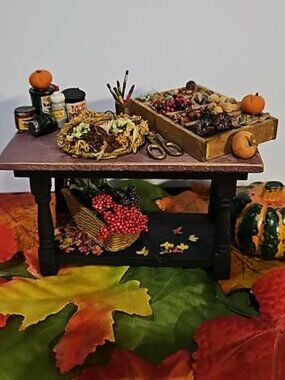 Dollhouse Miniature Fall Wreath Craft Table Signed by Artist